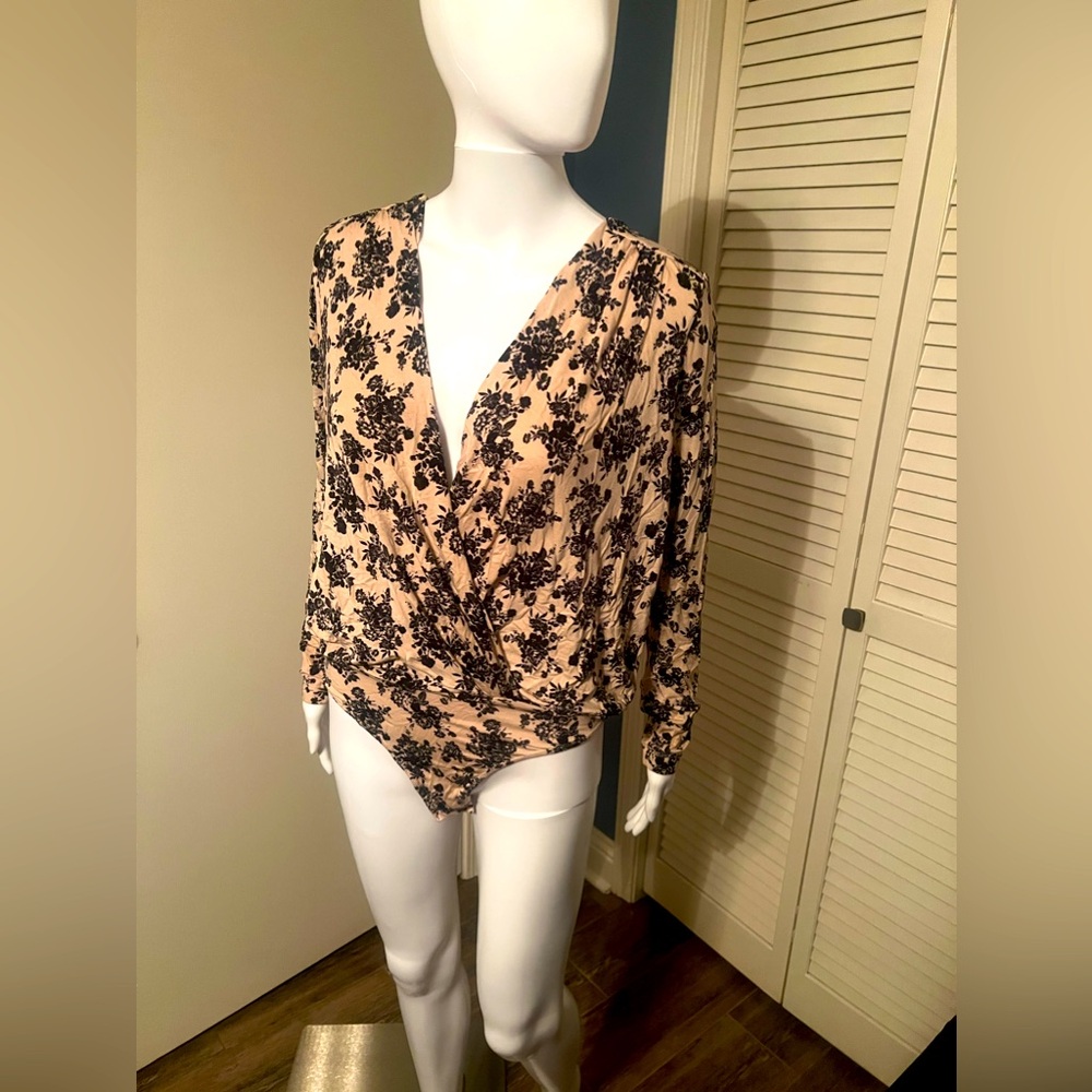 Free People Cream With Black Flowers Bodysuit Long Sleeve